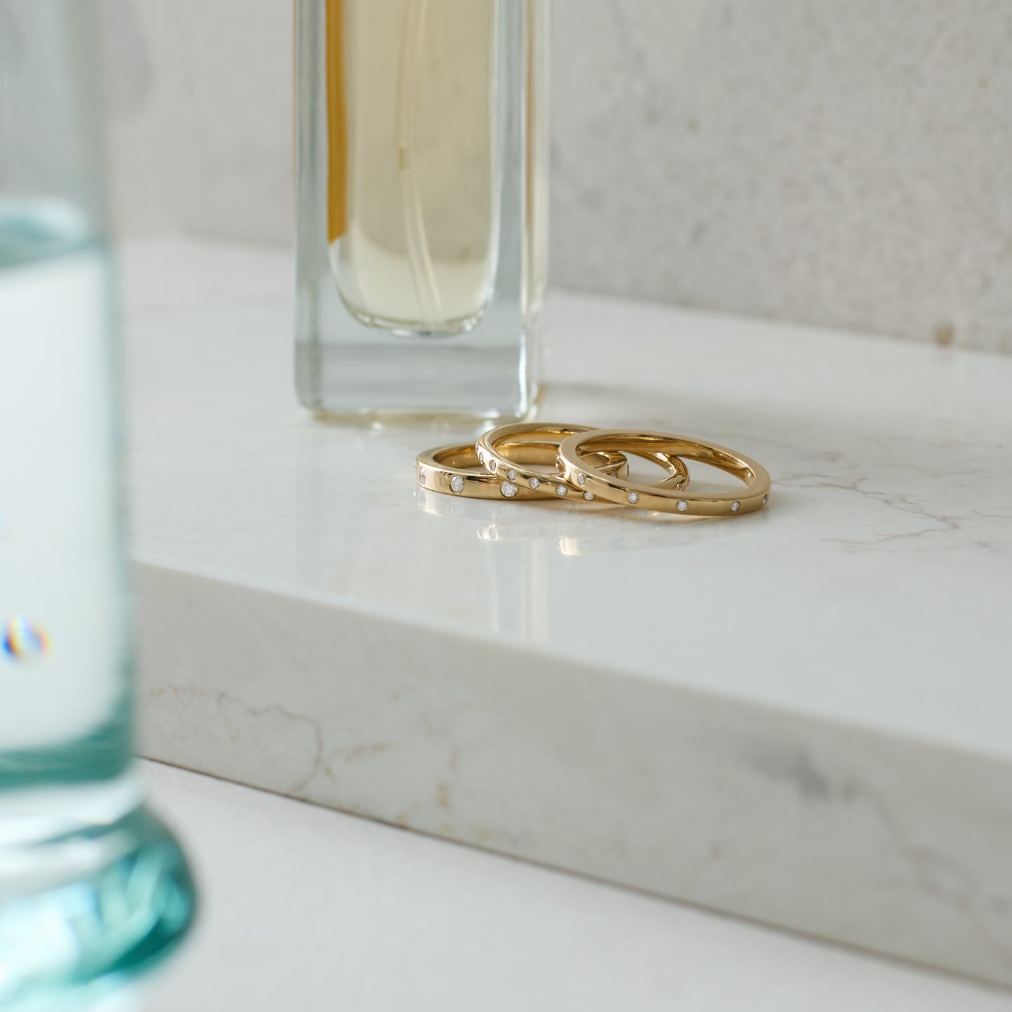 Gold and diamond ring stack, handmade in Nashville