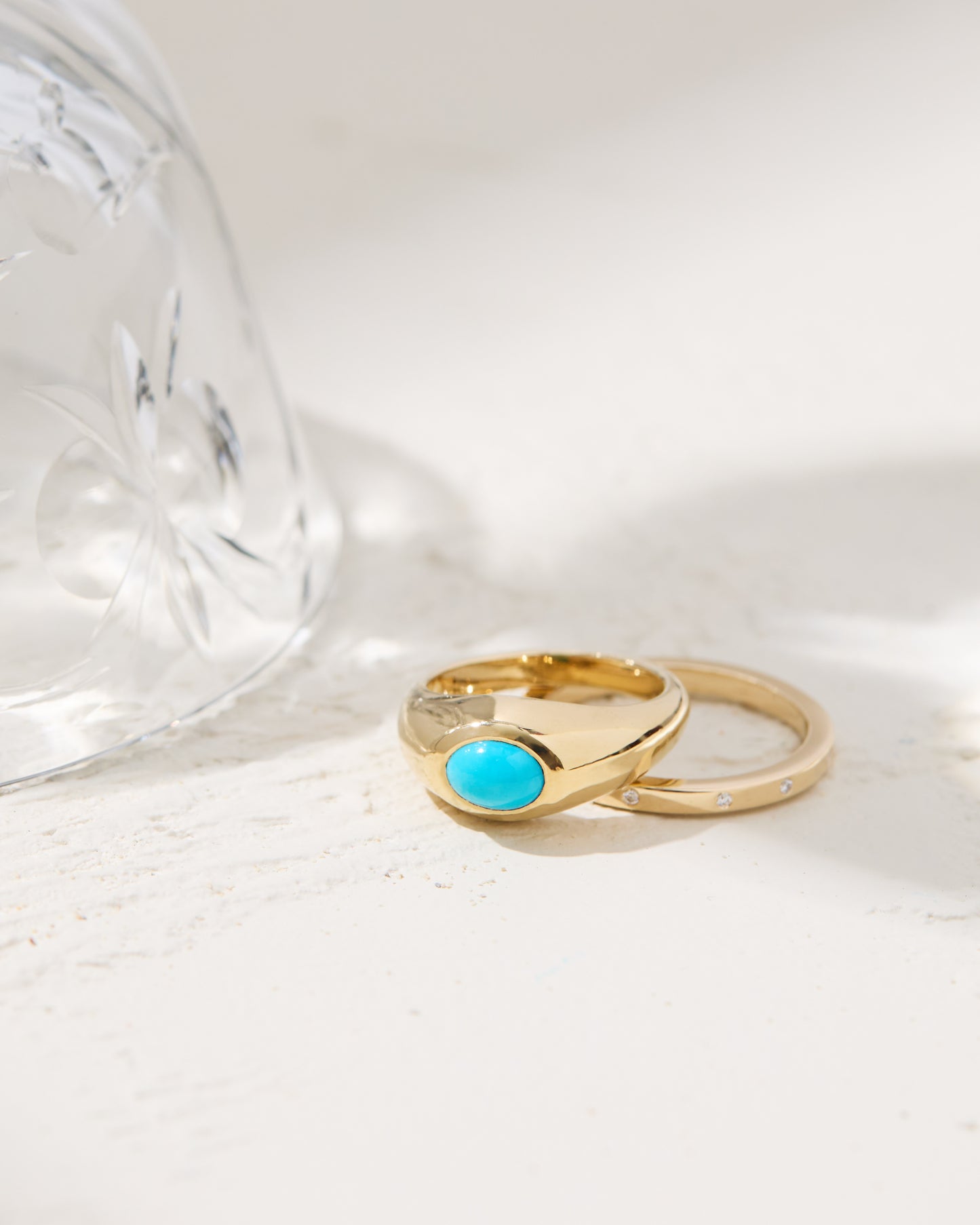 Gold turquoise signet ring with gold and diamond band, handmade in Nashville