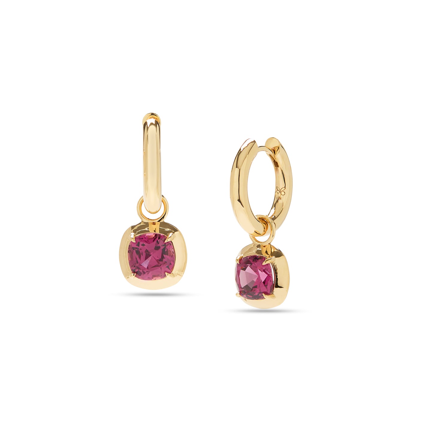 Gold huggies with Rhodolite garnet charms, handmade in Nashville, Tennessee