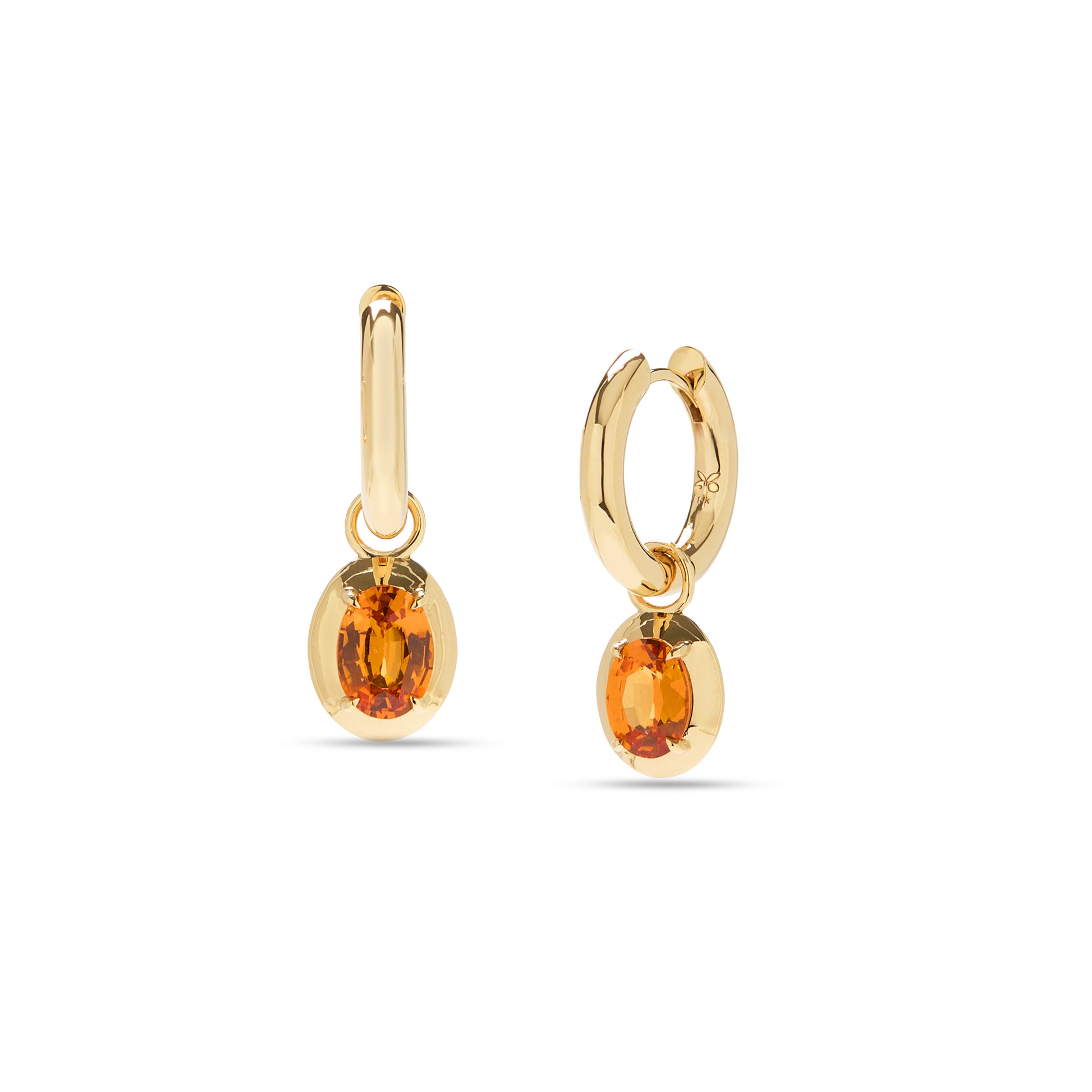 Gold huggies with removable Mandarin garnet charms, handmade in Nashville, Tennessee.
