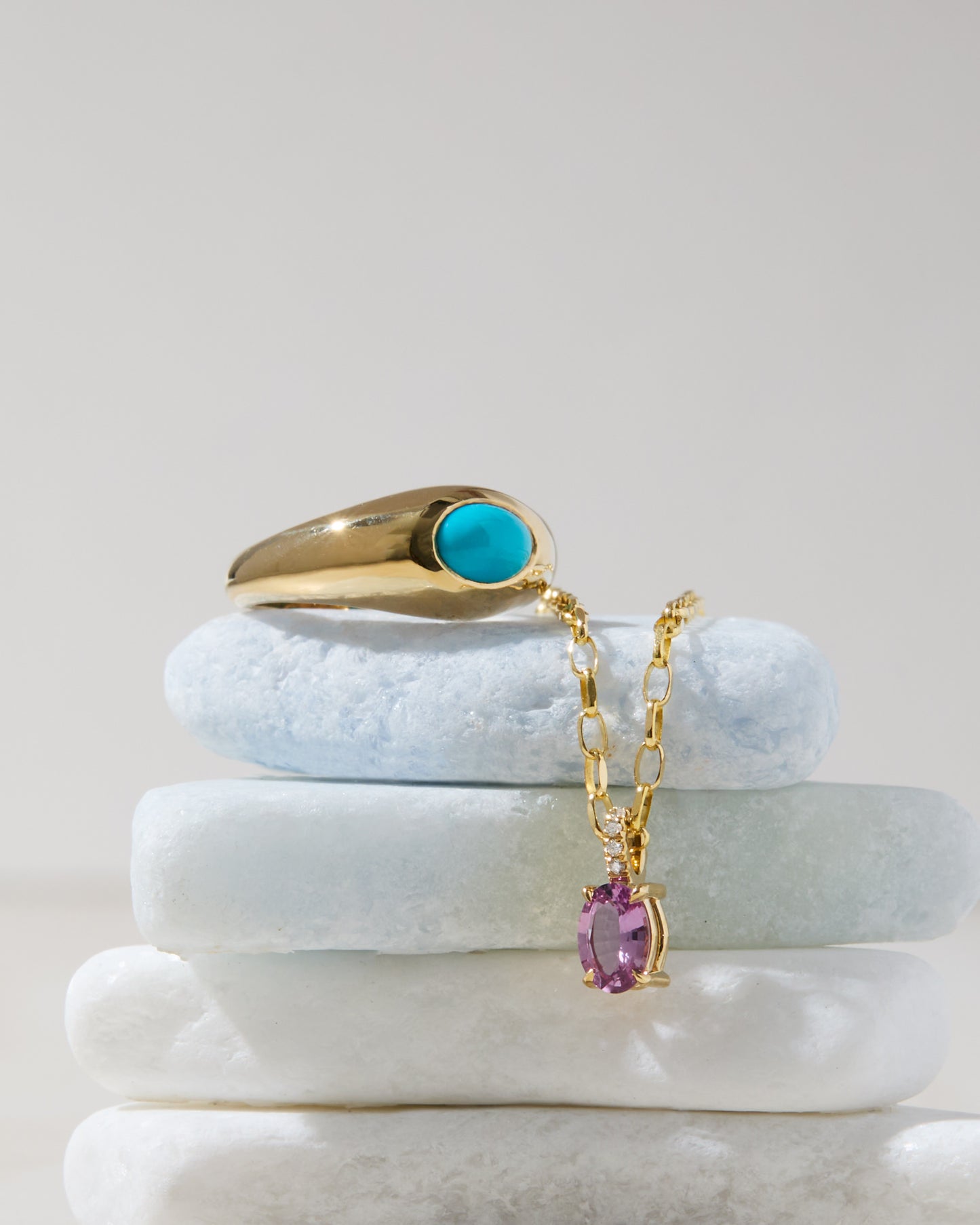 Handmade gold turquoise signet ring with pink sapphire gold necklace, made in Nashville, TN