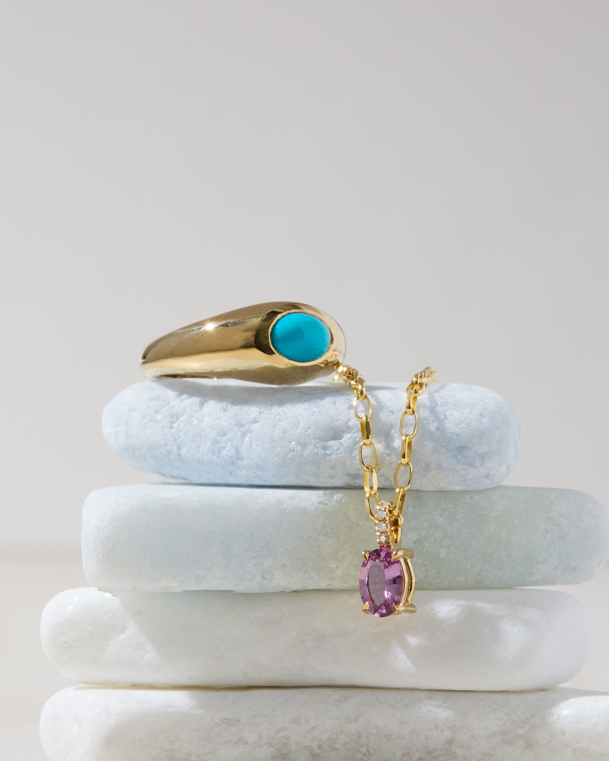 Handmade gold turquoise signet ring with pink sapphire gold necklace, made in Nashville, TN