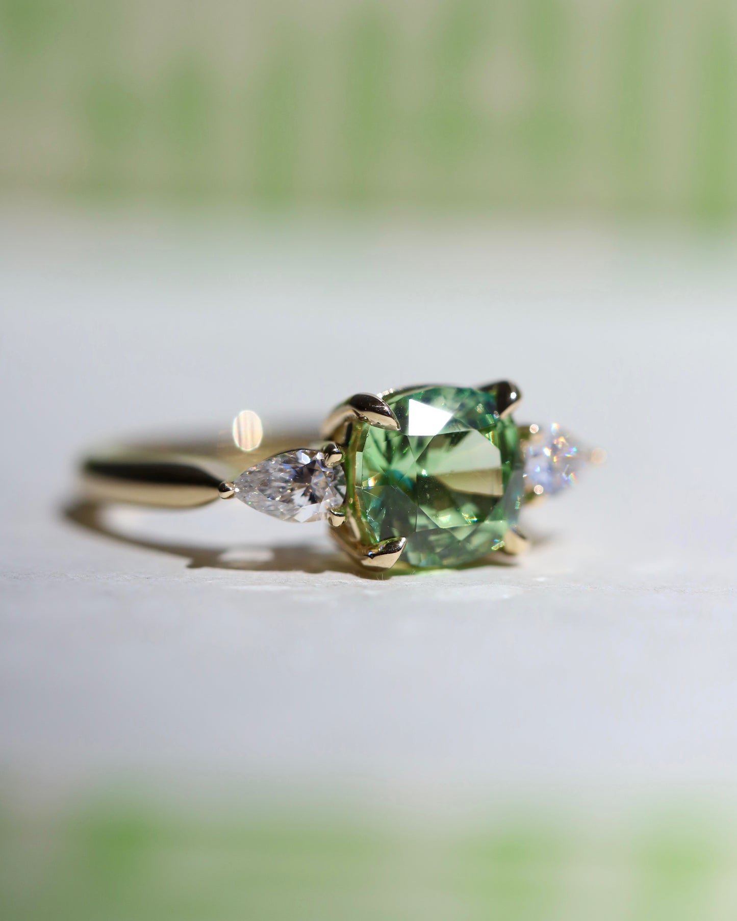 Merelani mint garnet and diamond three stone ring in 14k gold made in Nashville, Tennessee