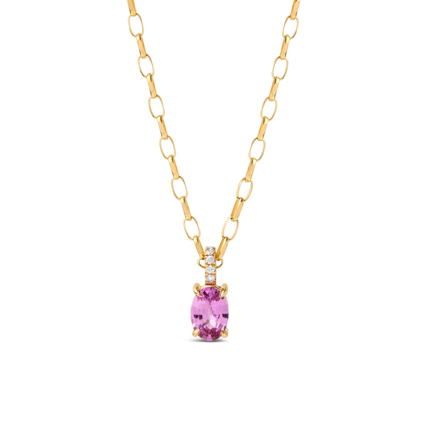 One-of-a-kind classic gold necklace with pink sapphire and diamonds, handmade in Nashville, TN