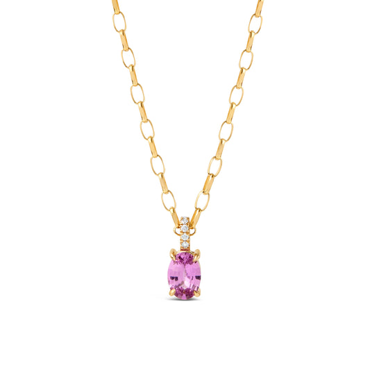 One-of-a-kind classic gold necklace with pink sapphire and diamonds, handmade in Nashville, TN