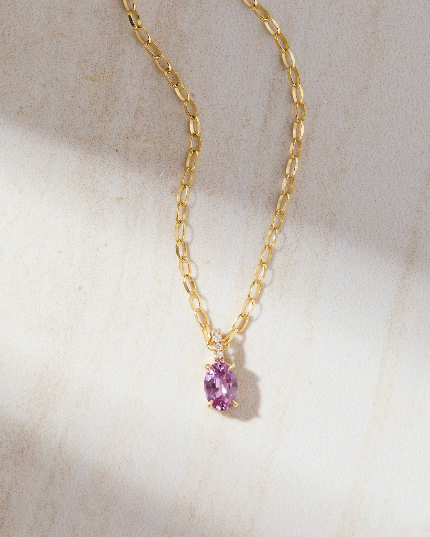 One-of-a-kind classic gold necklace with pink sapphire and diamonds, handmade in Nashville, TN