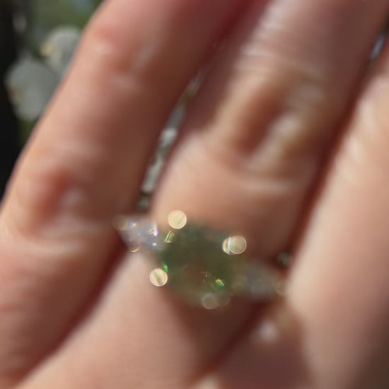 Merelani mint green garnet and diamond three stone ring in yellow gold made in Nashville, Tennessee