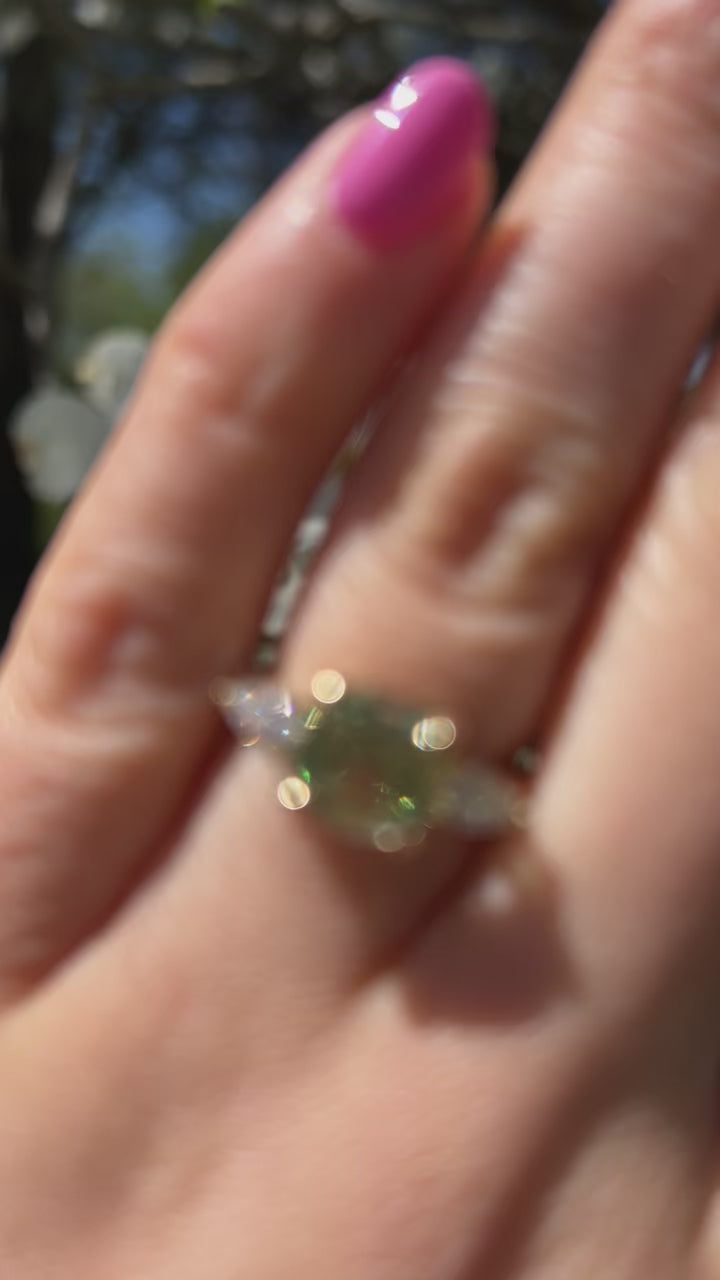 Merelani mint green garnet and diamond three stone ring in yellow gold made in Nashville, Tennessee