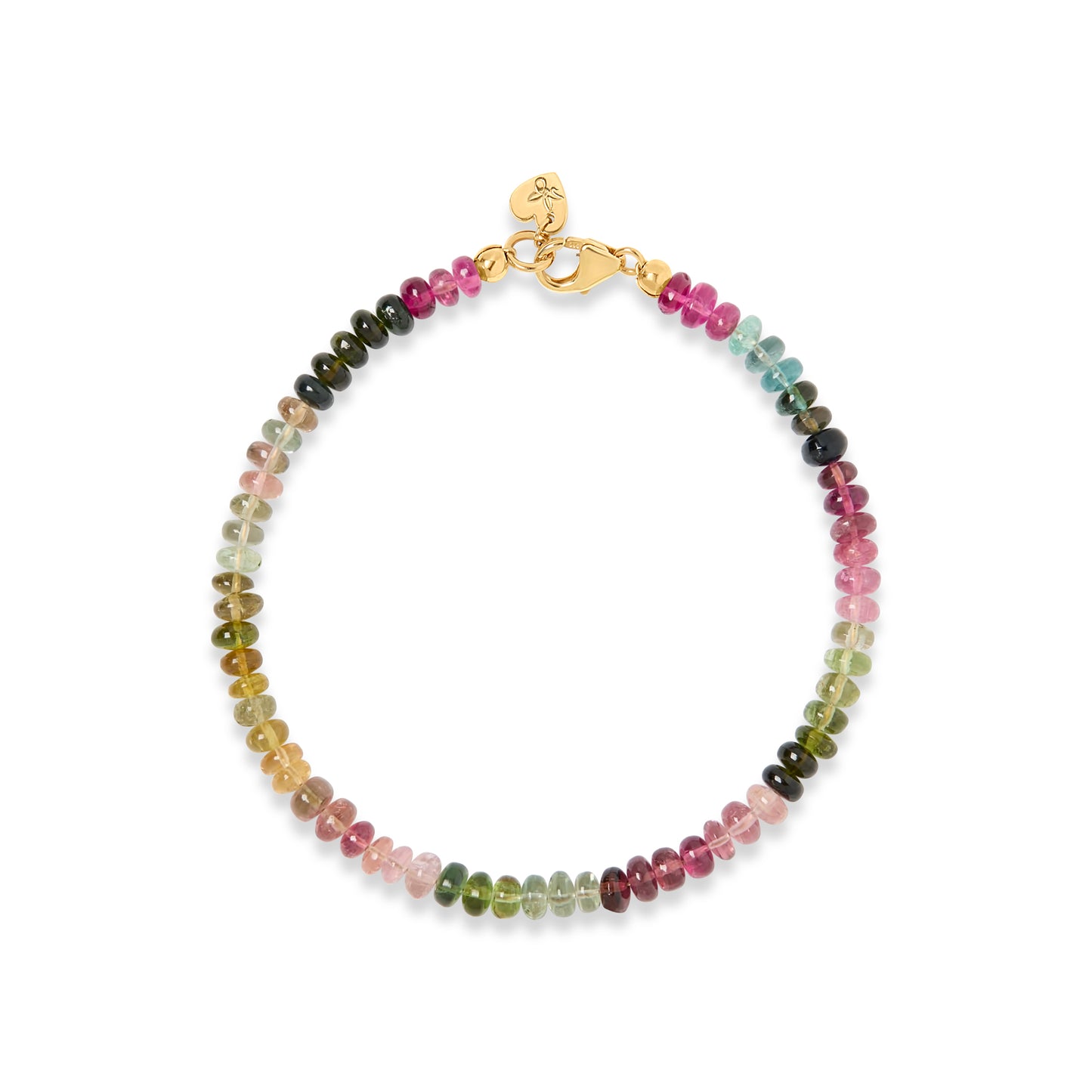 Colorful rainbow tourmaline beaded bracelet with solid gold clasp and hardware
