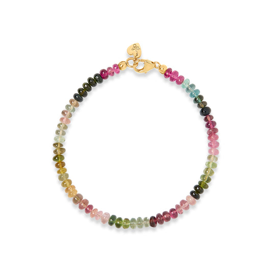 Colorful rainbow tourmaline beaded bracelet with solid gold clasp and hardware